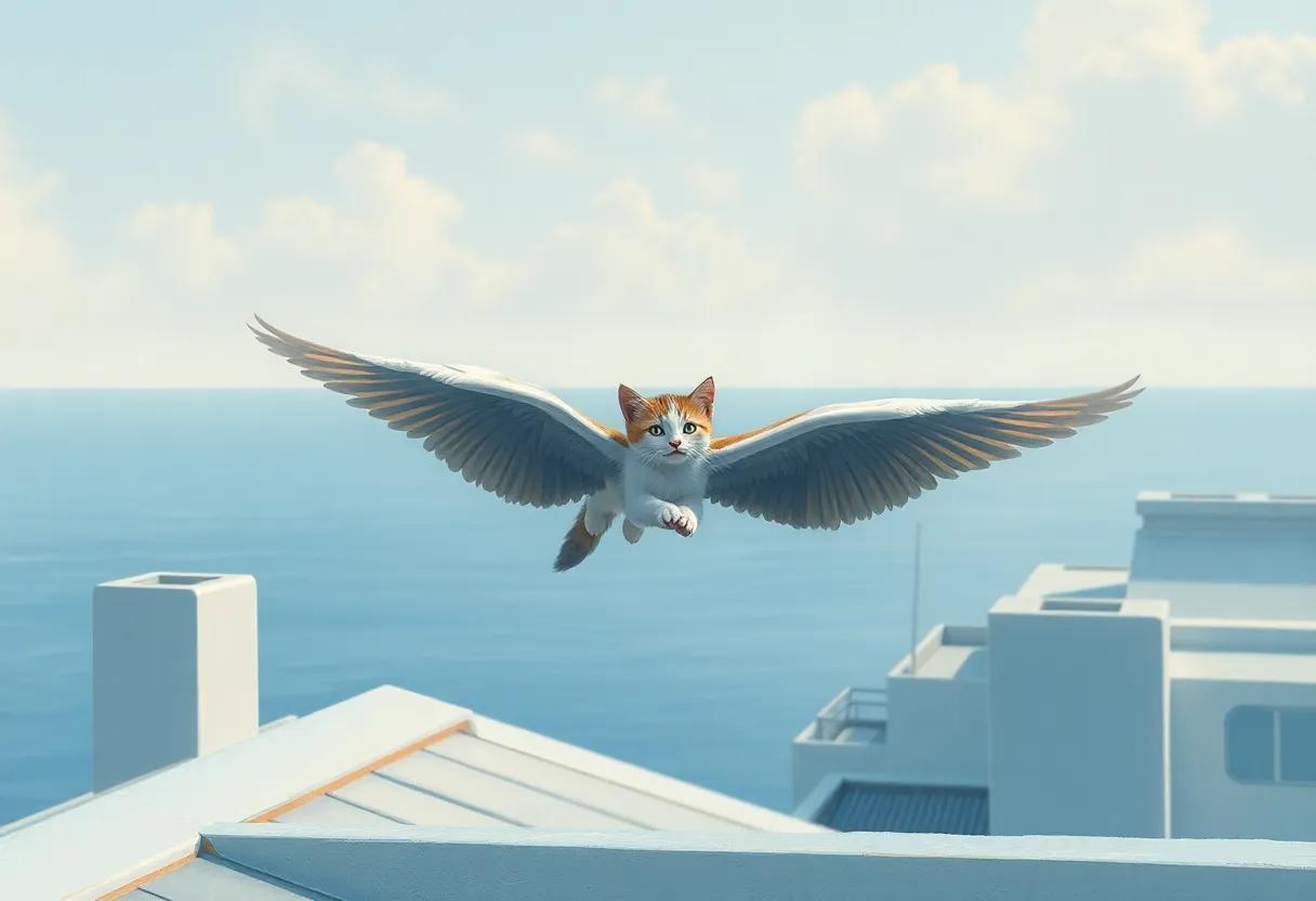 Soft‍ painted illustrations‌ of kittens learning to fly⁣ over quiet seaside rooftops