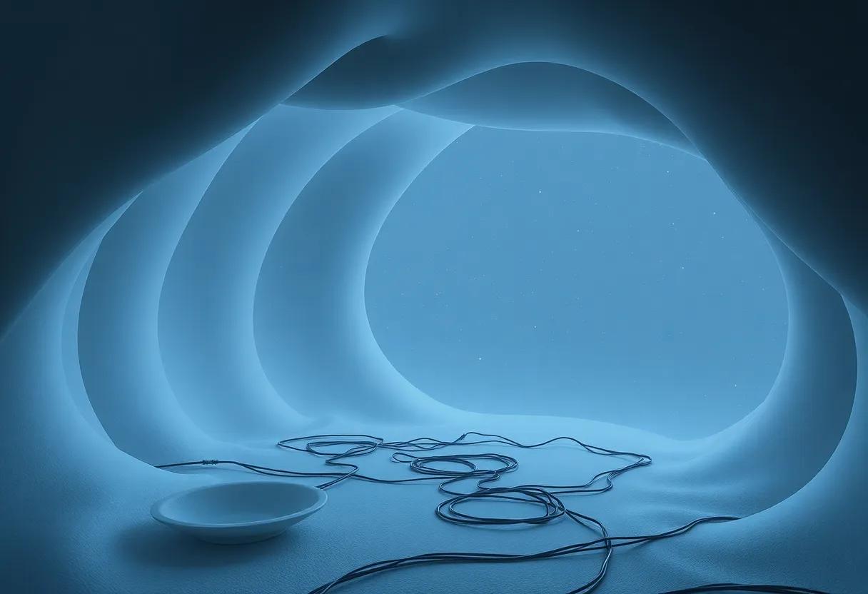 A lonely satellite cocoon where moonlight glints off screens and tangled cables