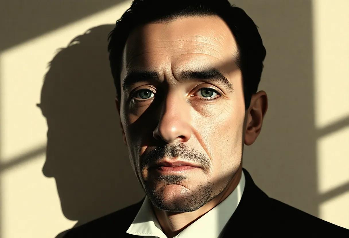 Portrait of ​Louis ferdinand Celine as seen ⁢through rough⁣ handwriting wartime shadows⁤ and foul humor