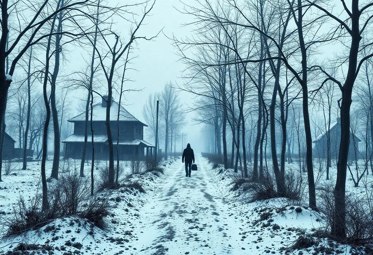 Snow soaked Polish village with a solitary narrator walking among skeletal trees