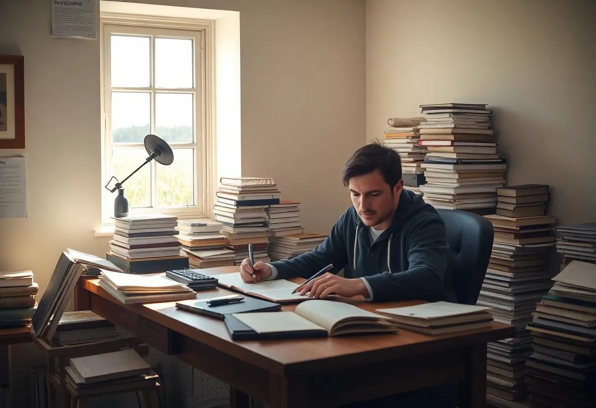 Rhys Bowen at a sunlit writing desk surrounded by stacks of wartime research and notes