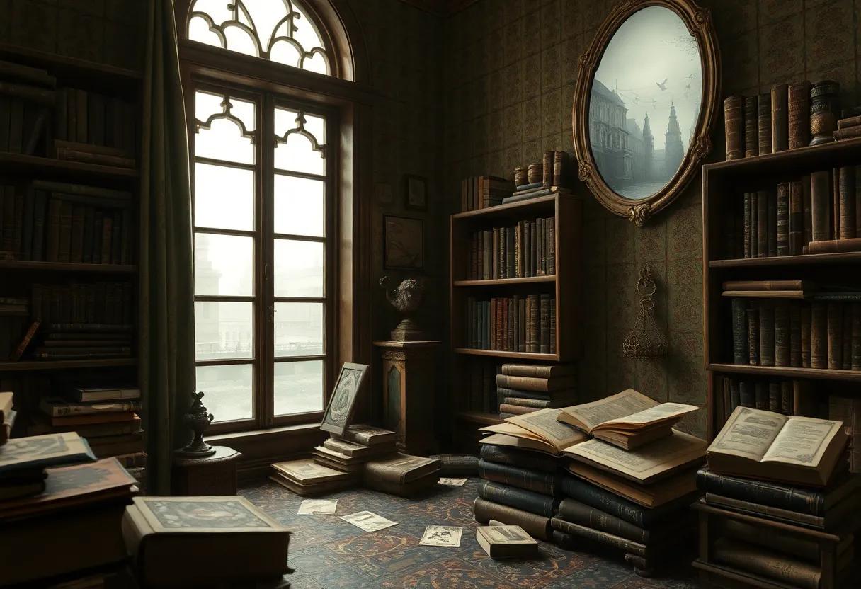 A dreamlike⁤ interior full of dusty books, tarot cards, and a mirror reflecting Prague fog