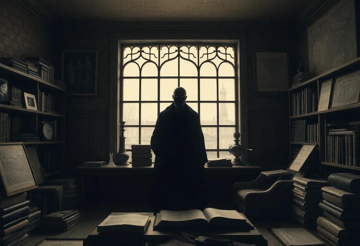 Gustav Meyrink as a shadowed figure in a‍ windowed study surrounded by ‌occult⁤ books and maps