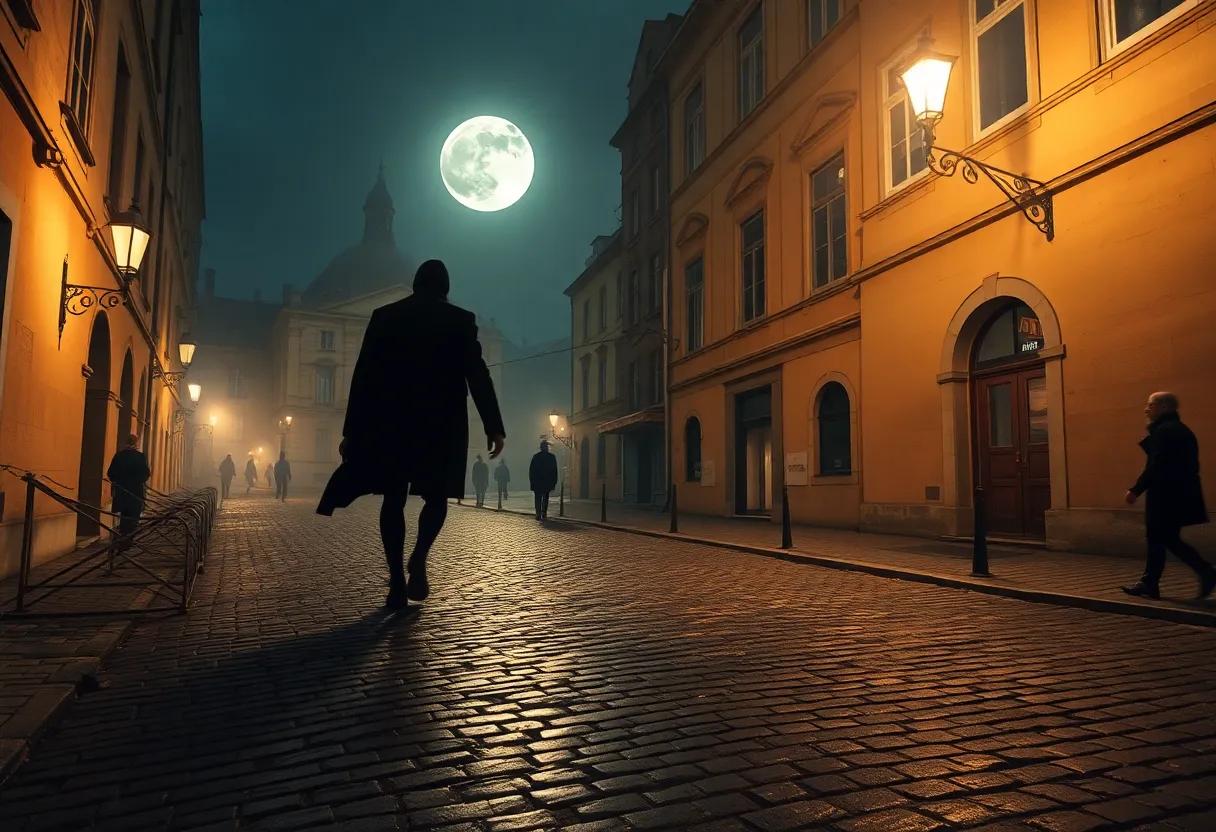 moonlit cobblestone streets‍ of prague where uncanny figures⁣ emerge in foggy light