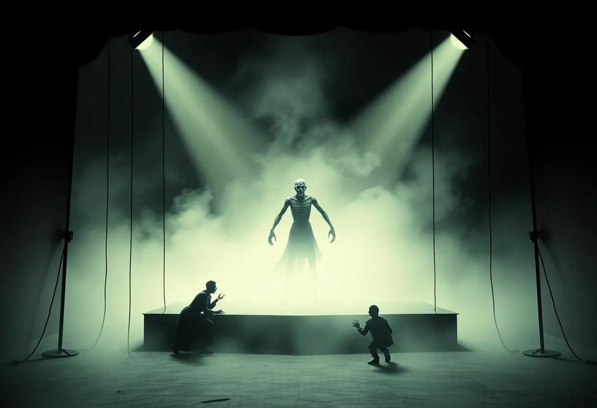 The novel's eerie humour​ pictured as a crooked puppet show on a fog drenched stage