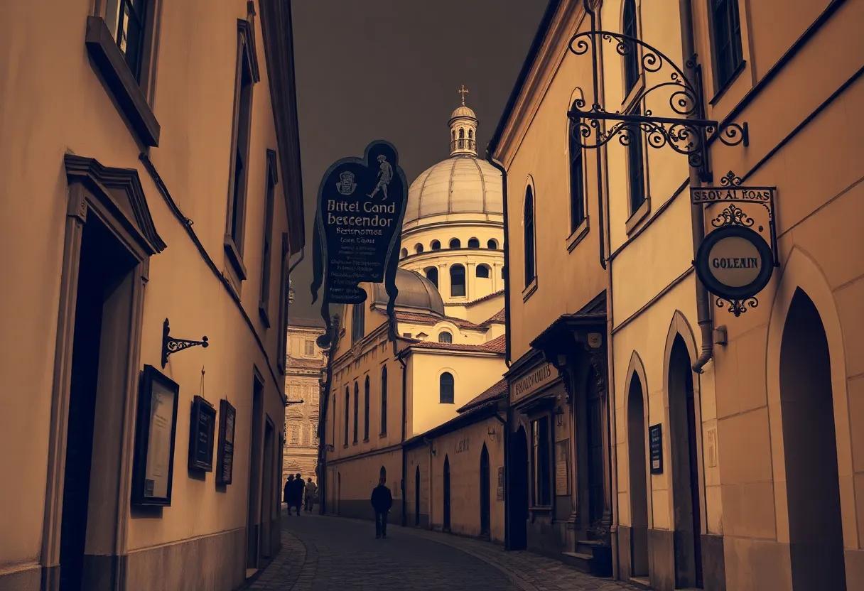 The Prague Jewish quarter rendered in sepia tones with alleyways, synagogues and ornate signs