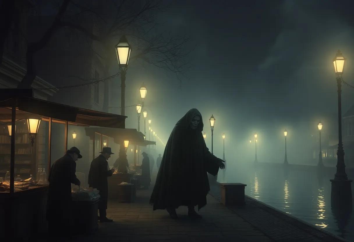 Street vendors and shadowy figures trading secrets under gas lamps on misty ⁣riverbanks