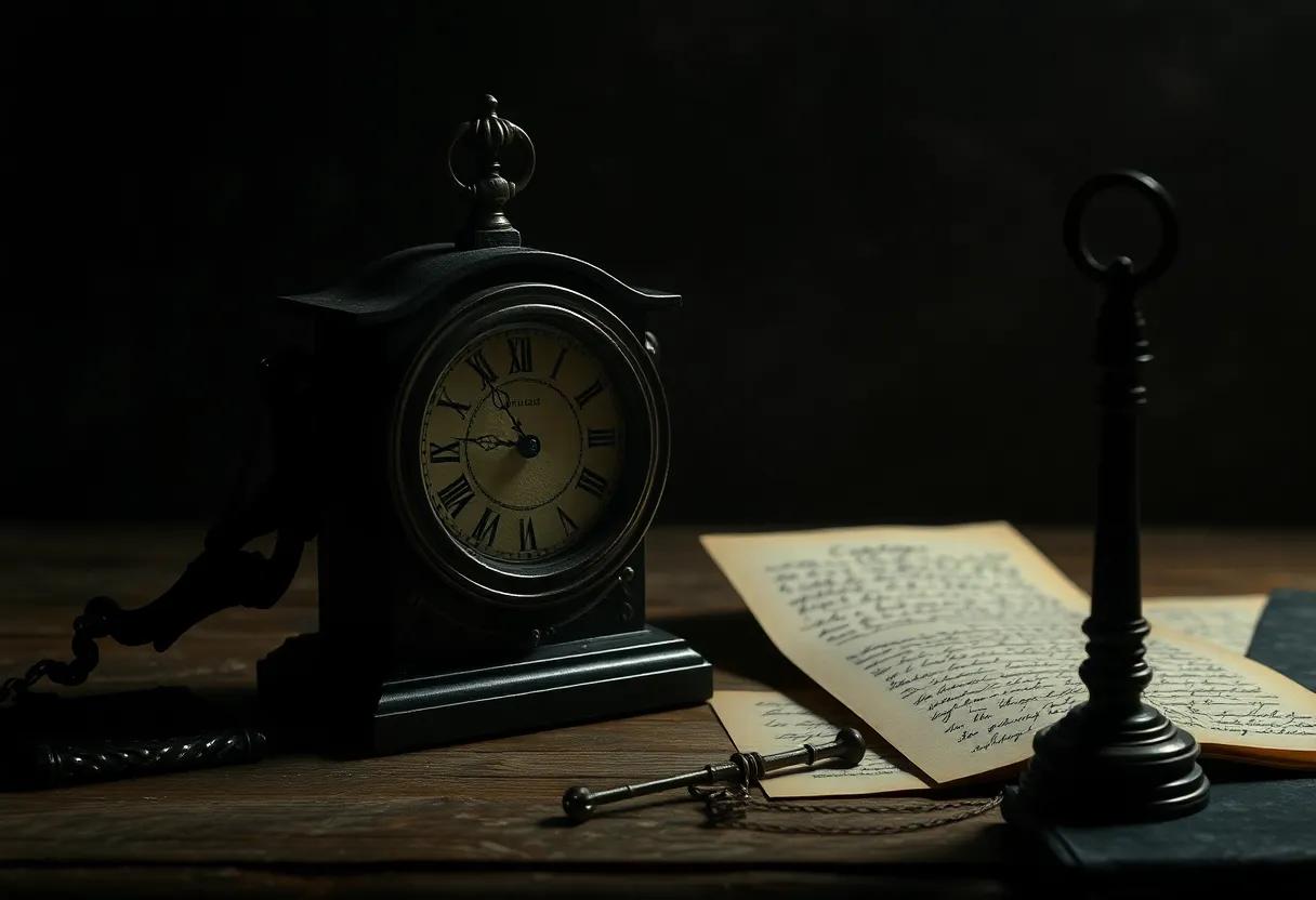 symbolic objects ‍photographed as ​relics a clock, ⁤a key, a ‌page of cryptic handwriting⁣ in dim ⁤light