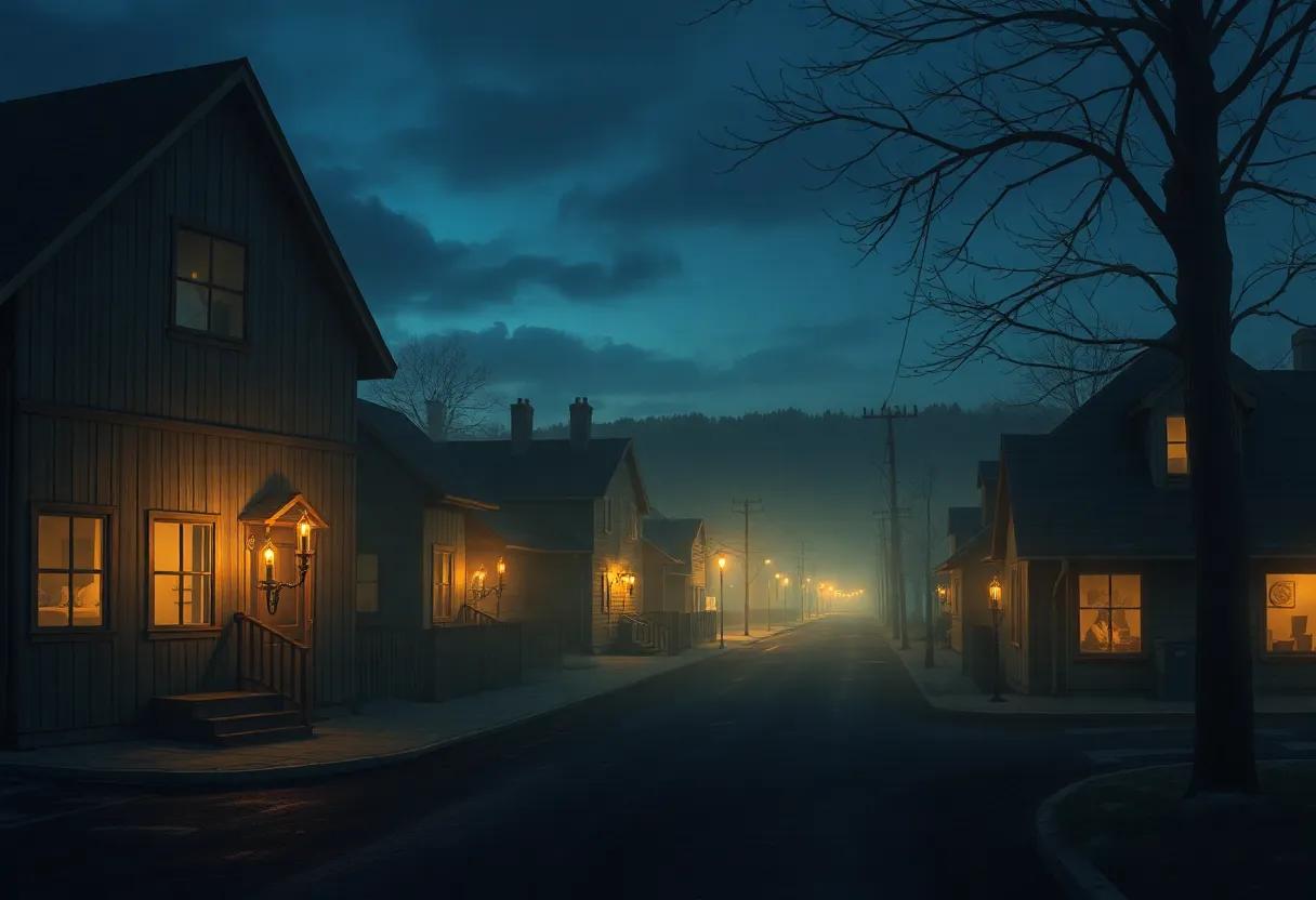 The small town setting rendered in candlelit rooms and empty streets at dusk