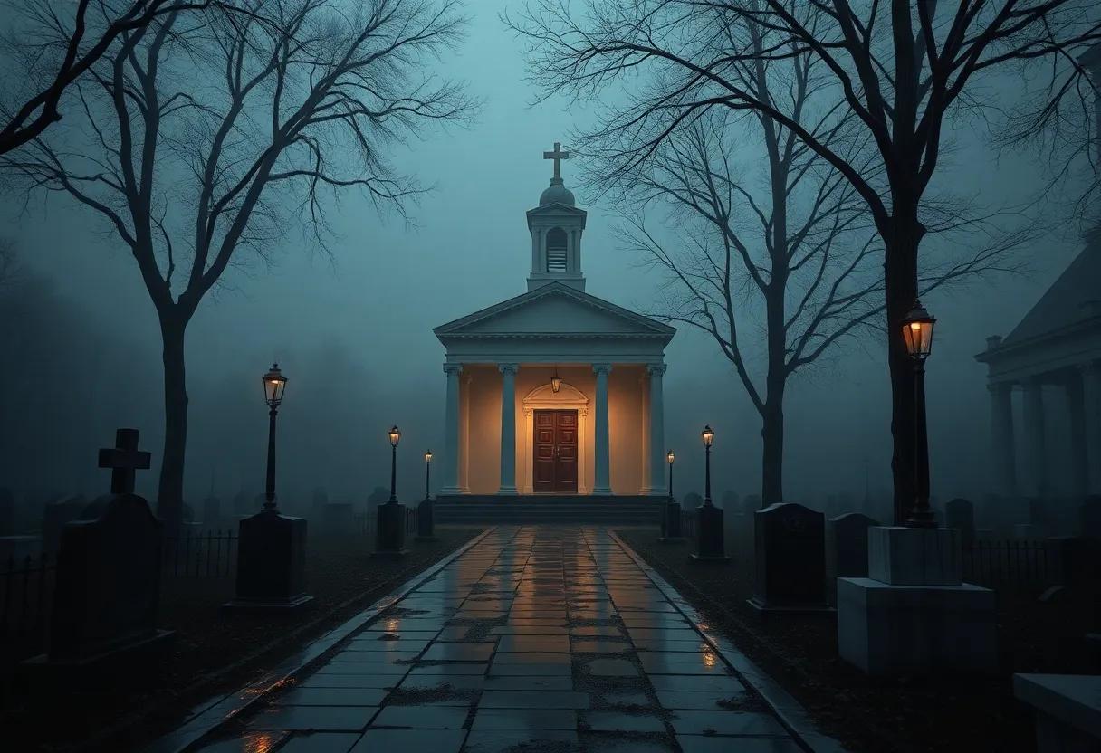 Scenes of faith and doubt staged in candlelit chapels and rain soaked cemetery paths