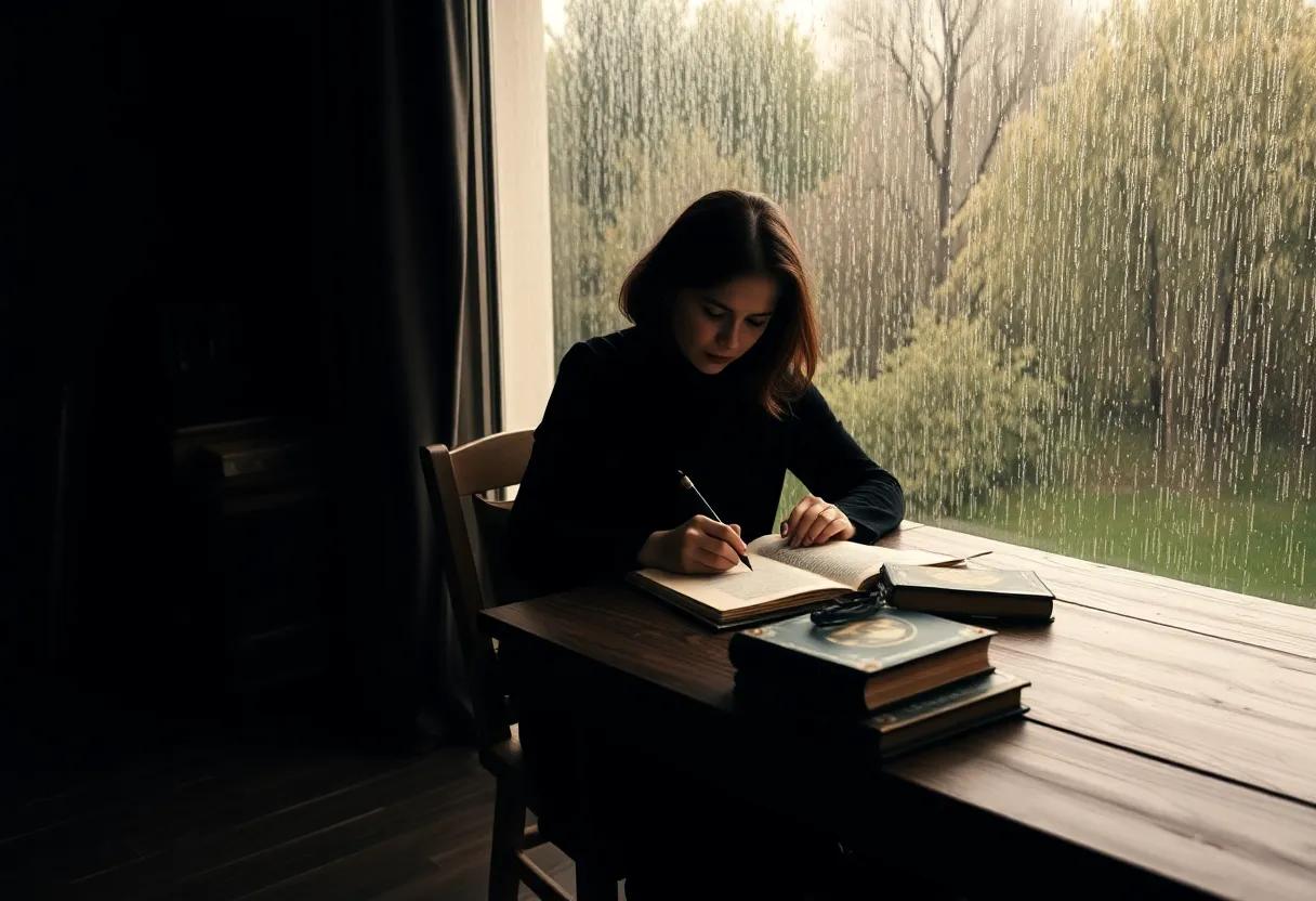 Marguerite yourcenar ⁢at a wooden desk by a rain streaked ⁤window drafting wise reflective prose