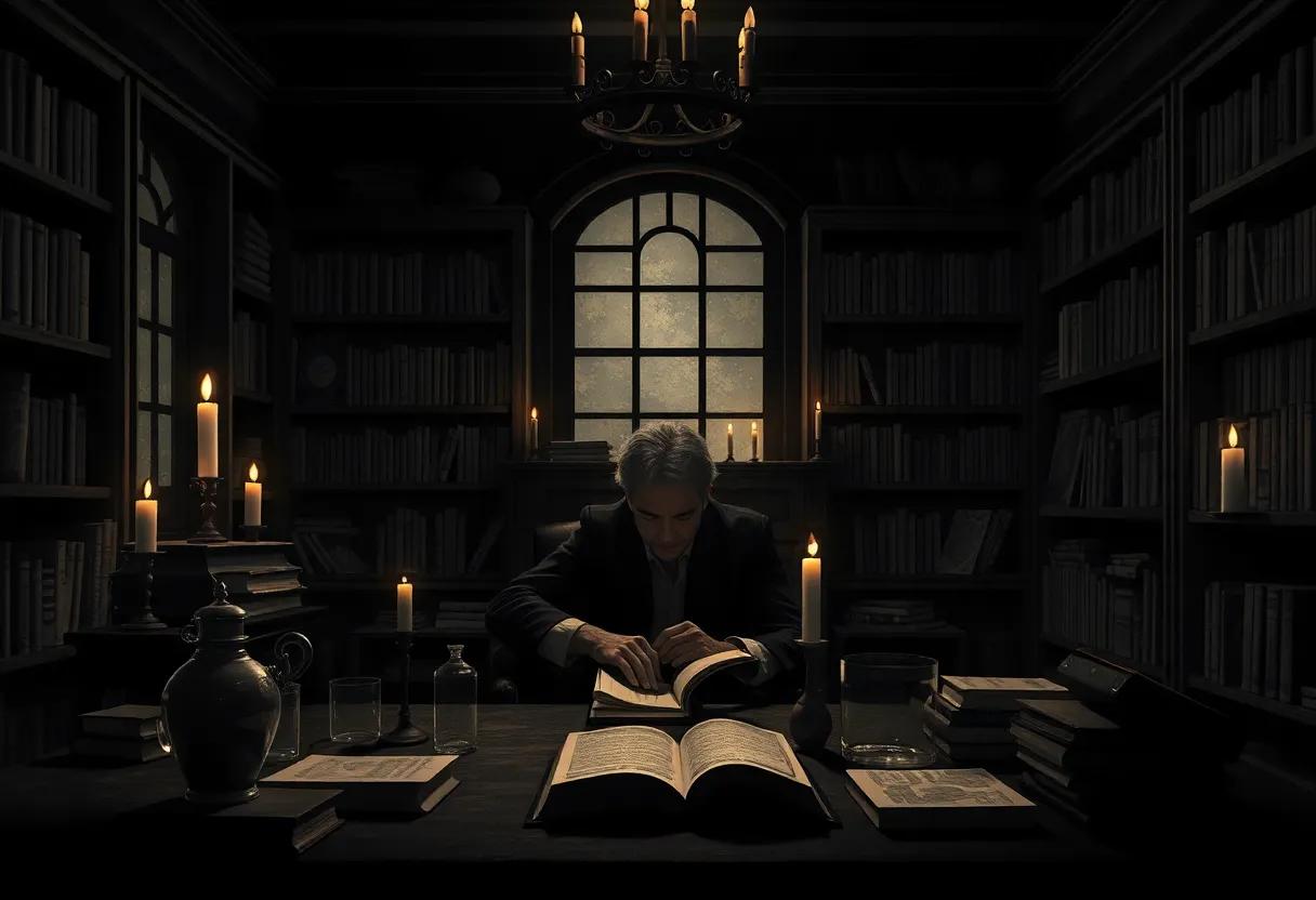 Zeno as a solitary scholar in a candlelit study surrounded by manuscripts and glassware