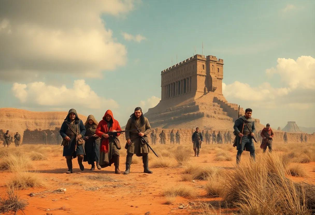 A ragtag band of exiles in rough garb with determined faces and clashing loyalties