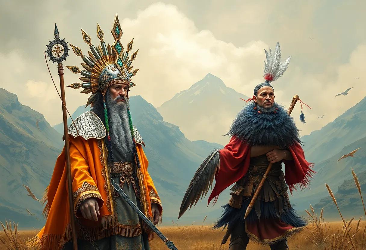 Tall pale Tanu nobles in ornate metalwork and small fierce Firvulag in leather and feathers