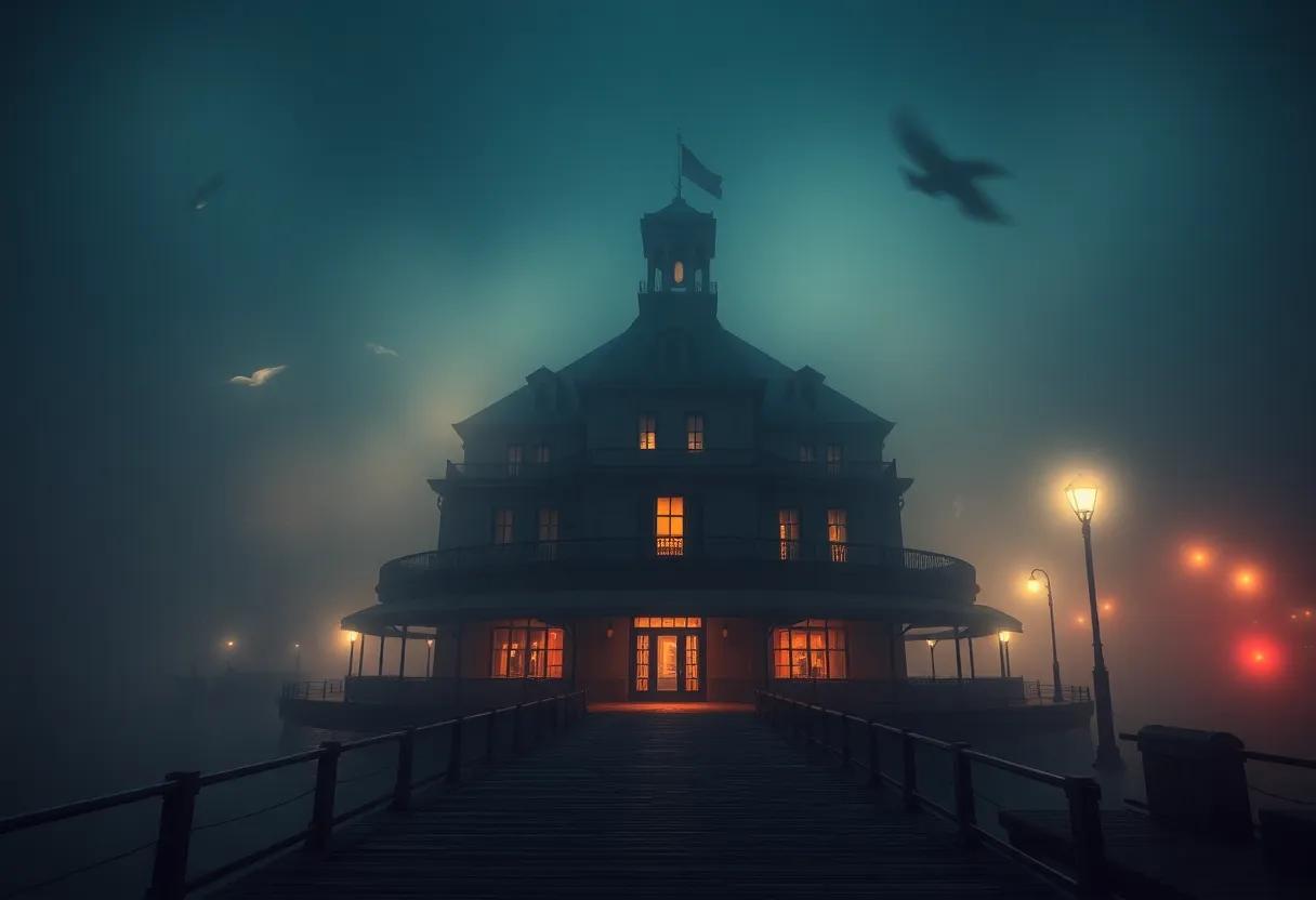 Fog soaked⁣ Boston ‌waterfront ‌at midnight where secrets ripple under street lamps