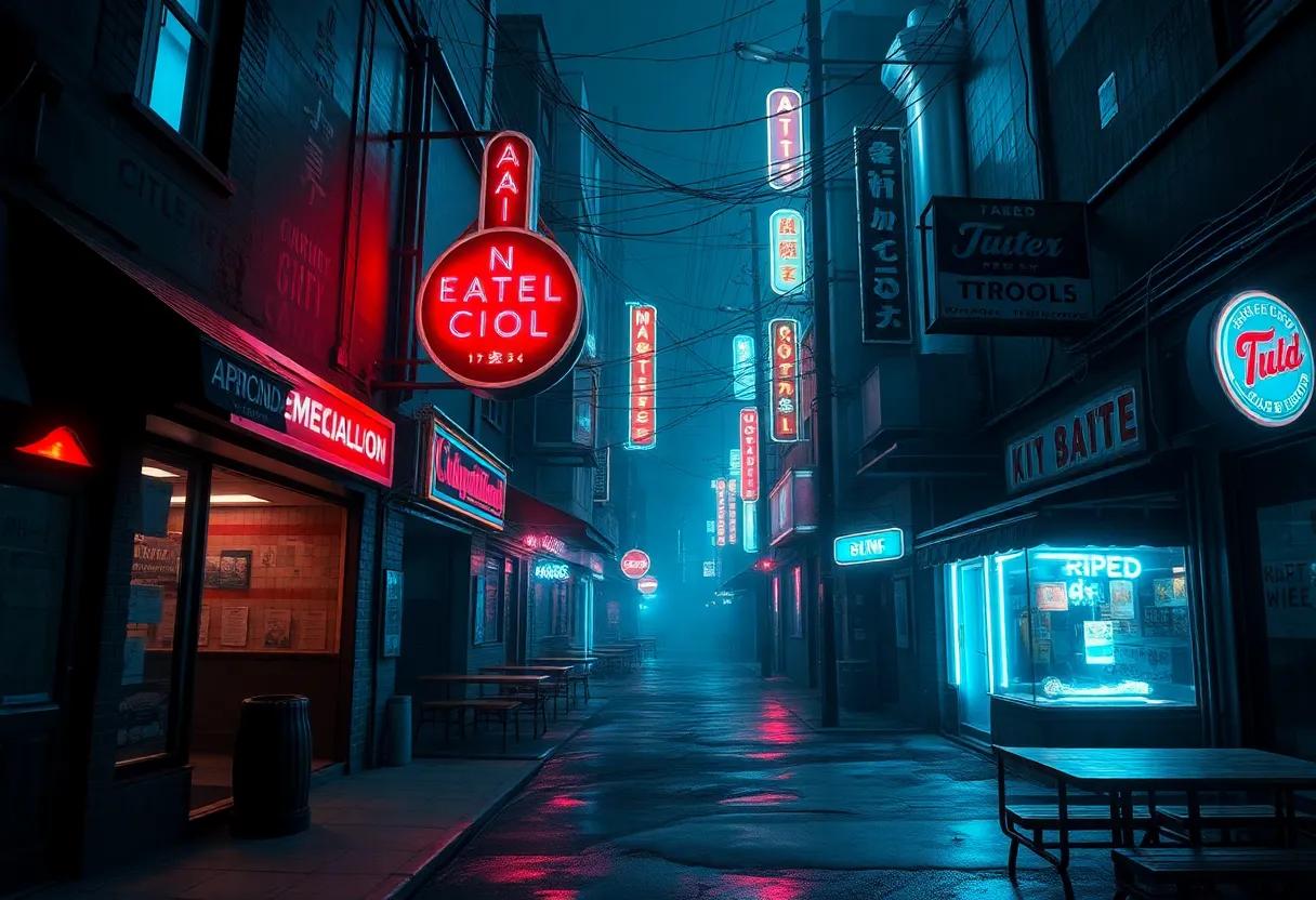 Setting and atmosphere packed with neon signs damp alleys and late night diners