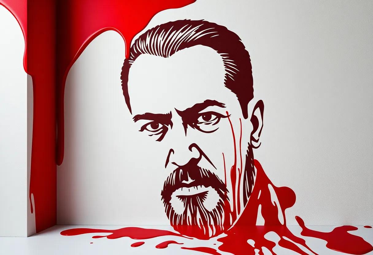 Cover art that slams the eye with lurid reds and a dictator portrait drenched in blood