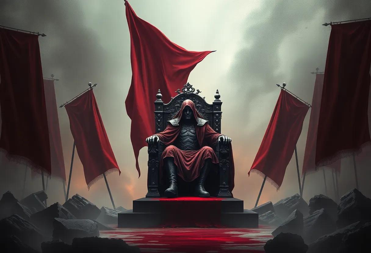 Villain staging that paints a tyrant on a blood soaked throne amid ruined banners