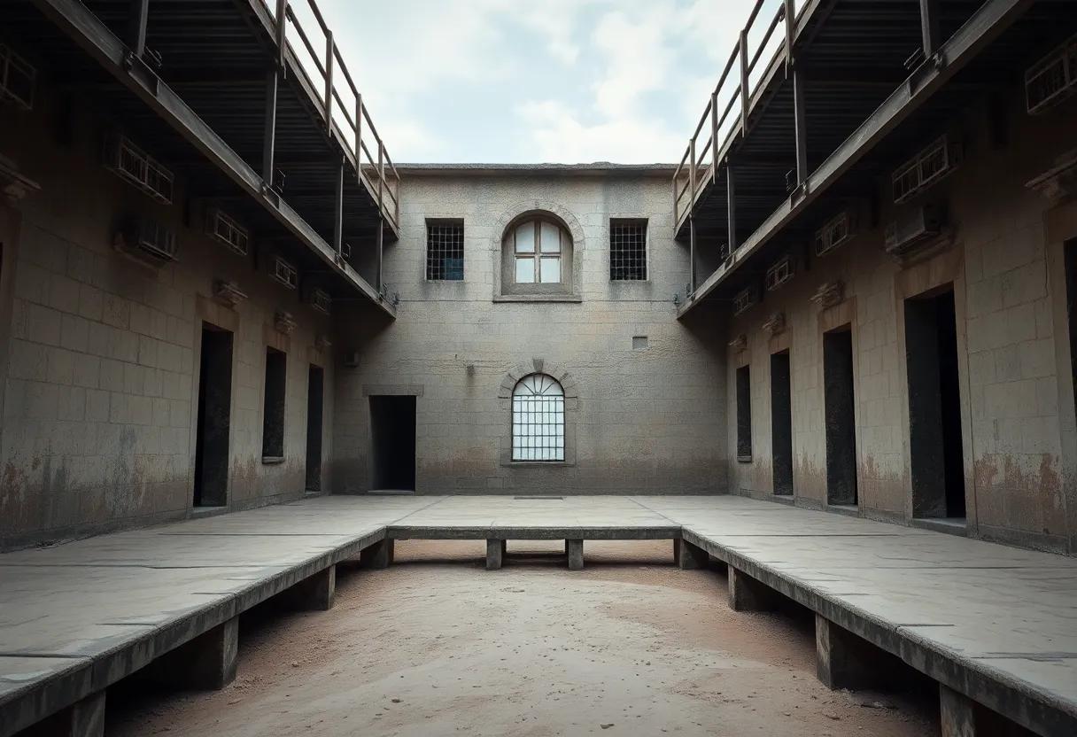 Sweat and dust in the penal colony courtyard where hope and danger mix