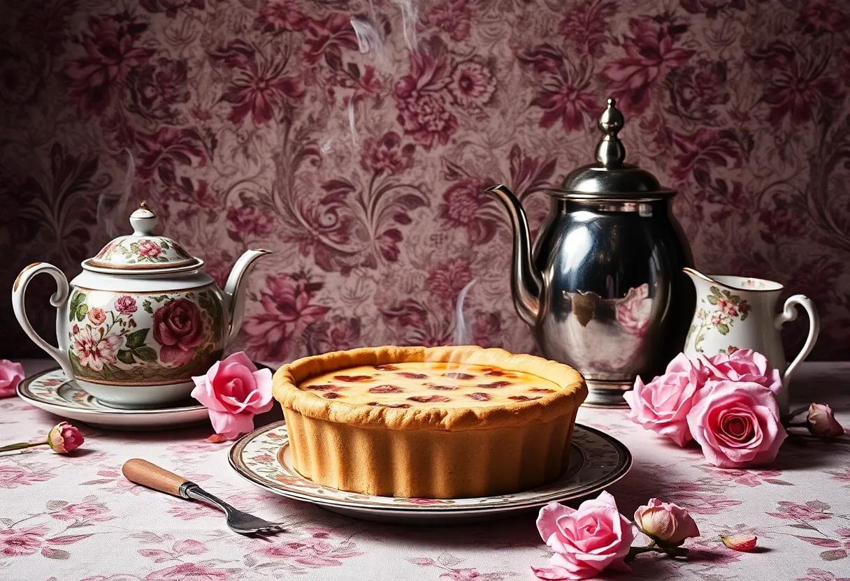 Food and murder imagery with steaming pies quiches teapots and floral plates