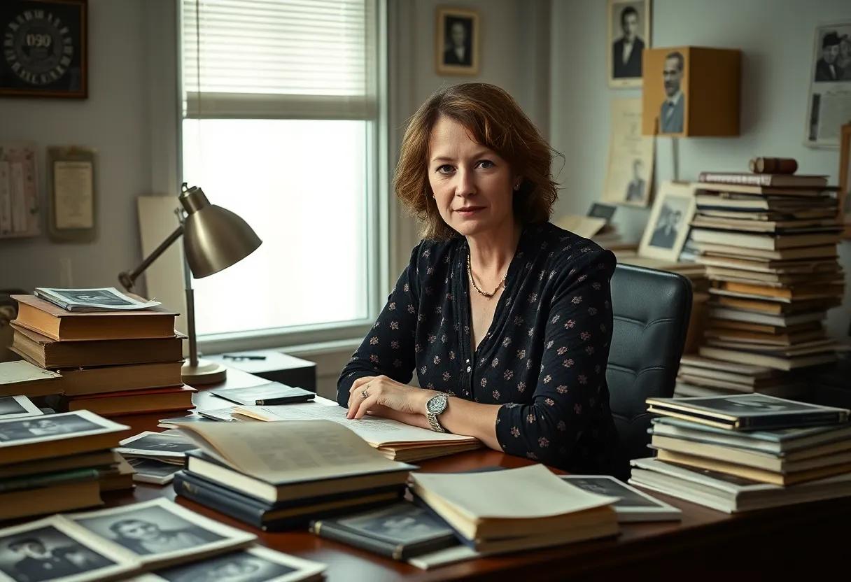 Kate Moore pictured at a cluttered desk surrounded by archives notebooks and photographs