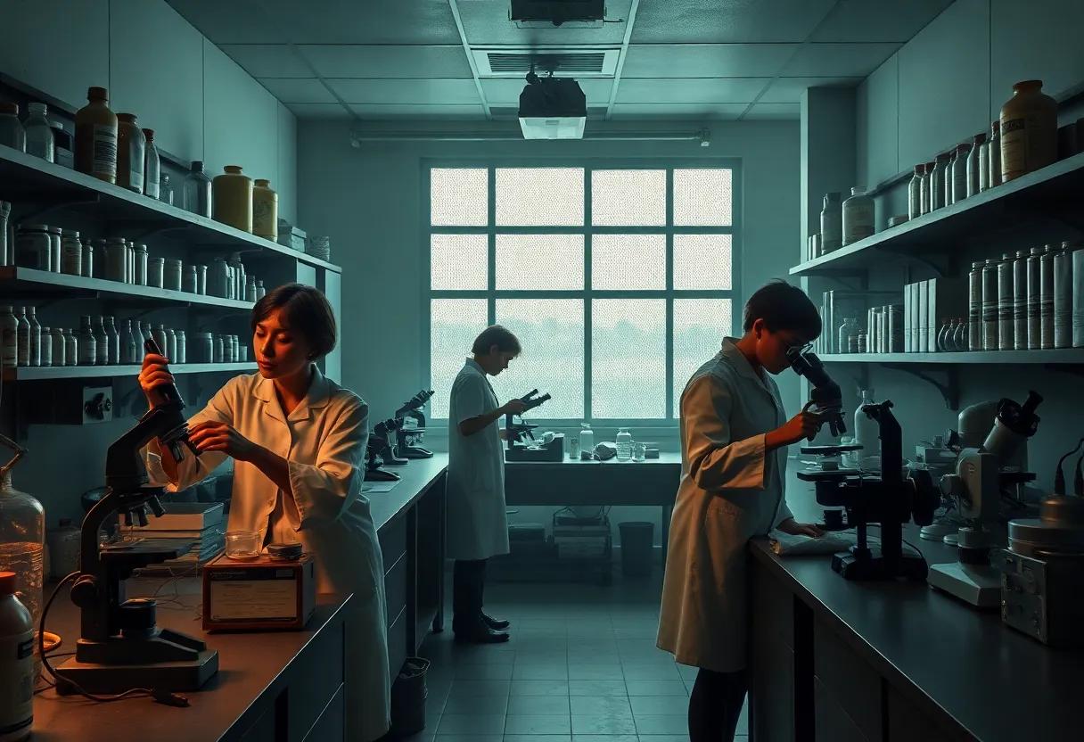 Scientists in cluttered ⁣labs ⁢balancing⁤ microscopes and⁤ early radiology tools