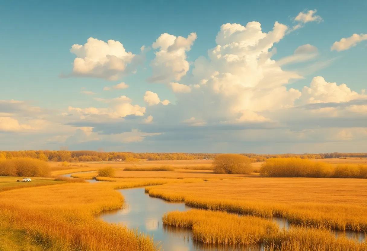 The Midwestern landscape painted in golden fields rivers and small town skies