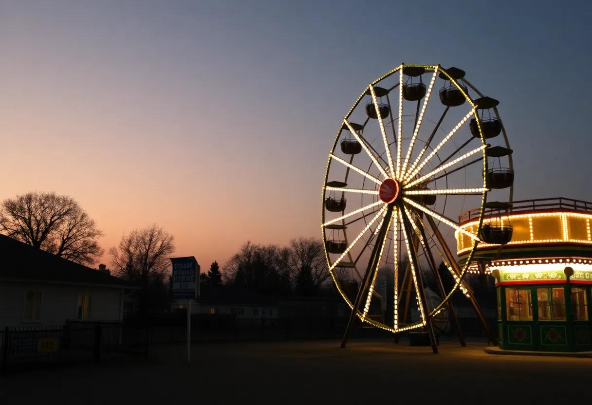 Scenes that stayed with me the small town fair at dusk and a broken Ferris wheel