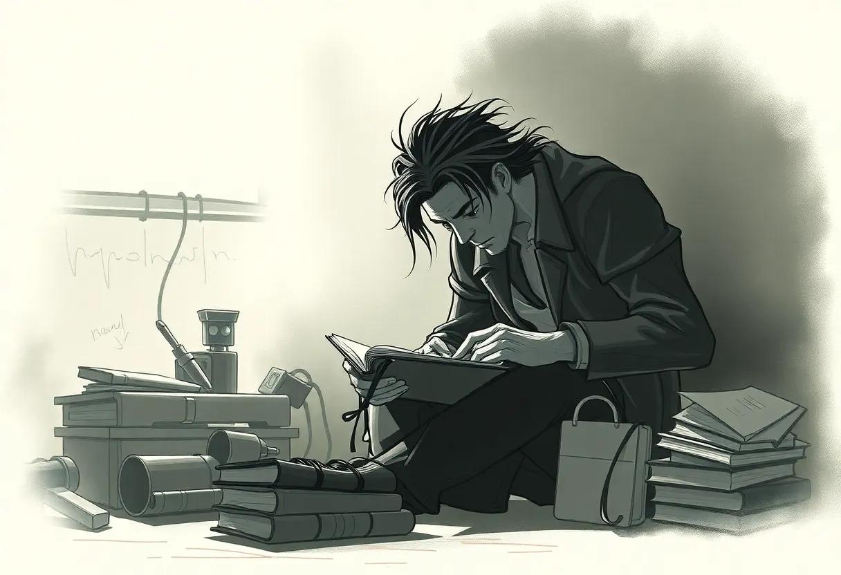 Darren ⁣Shan pictured hunched over notebooks in ⁤a dim lamp lit attic full of sketches