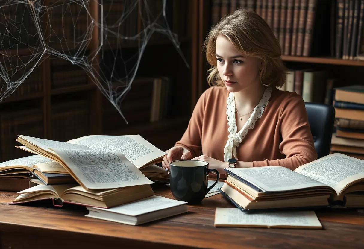 Anne Bishop at a wooden desk surrounded by well thumbed manuscripts and a steaming mug