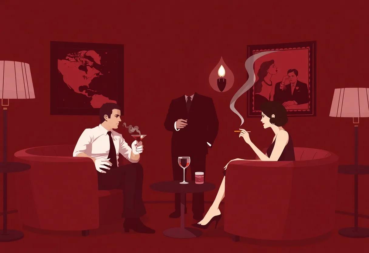 Nick and Nora sharing sharp​ banter ⁢over ⁤cocktails ‍and cigarettes ⁣in cozy rooms