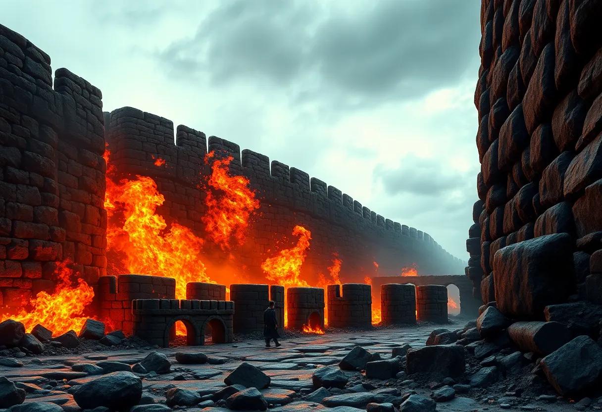 Clashing steel and crackling fire ⁣capturing the chaos of‌ battle beneath walls