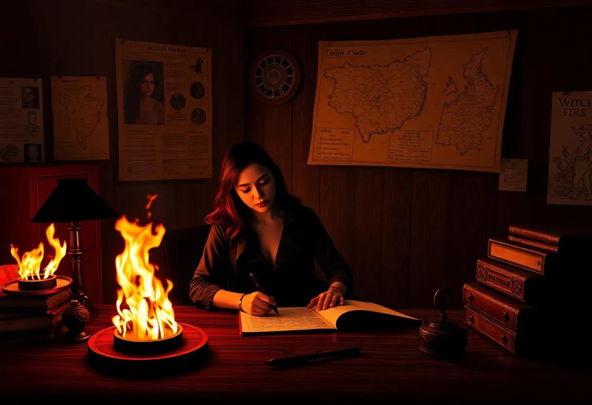 About Anya Bast​ pictured at a firelit desk pen in hand and maps of ‍spells pinned nearby