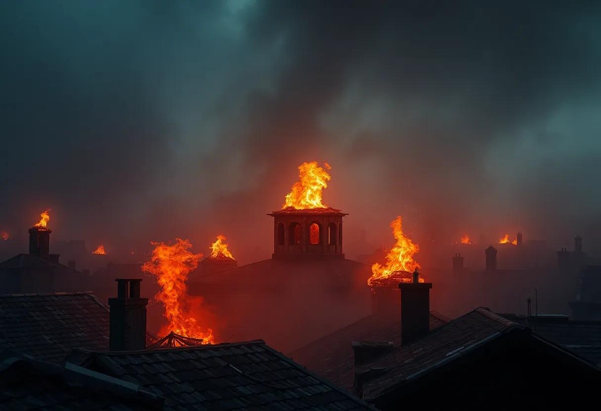 Fire as cleansing light dangerous hunger and‌ a crown of sparks ‌over ruined roofs
