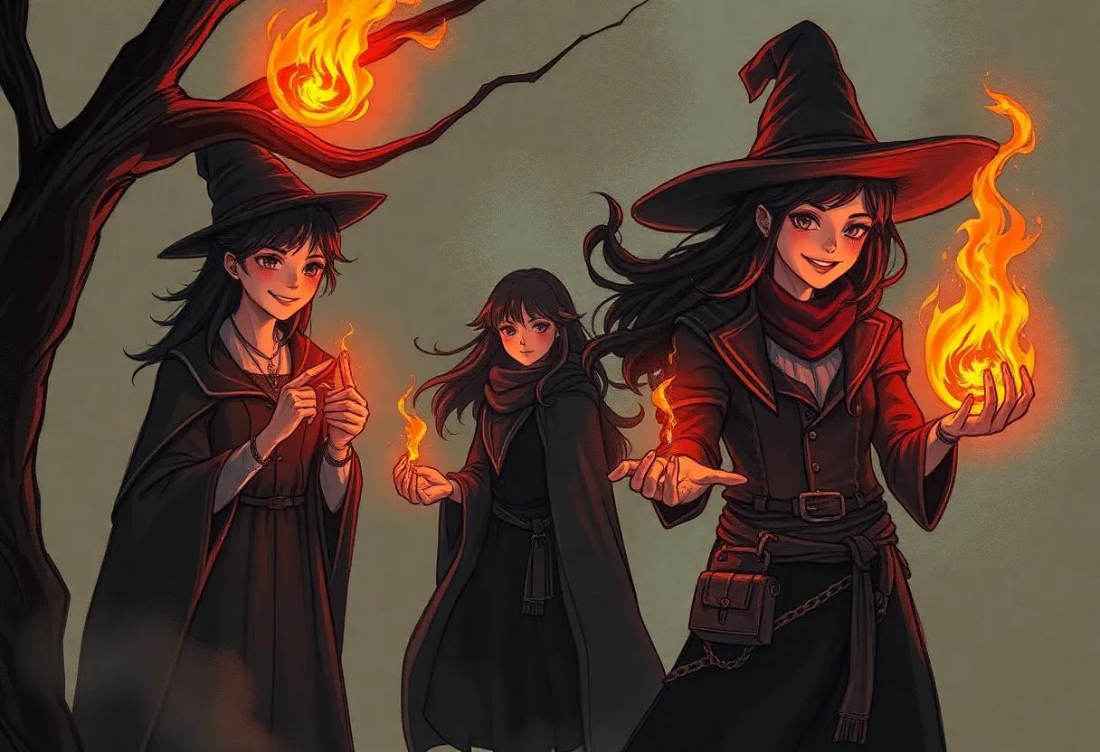 Secondary characters sketched with lantern glow secret smiles and damaged hands holding spells