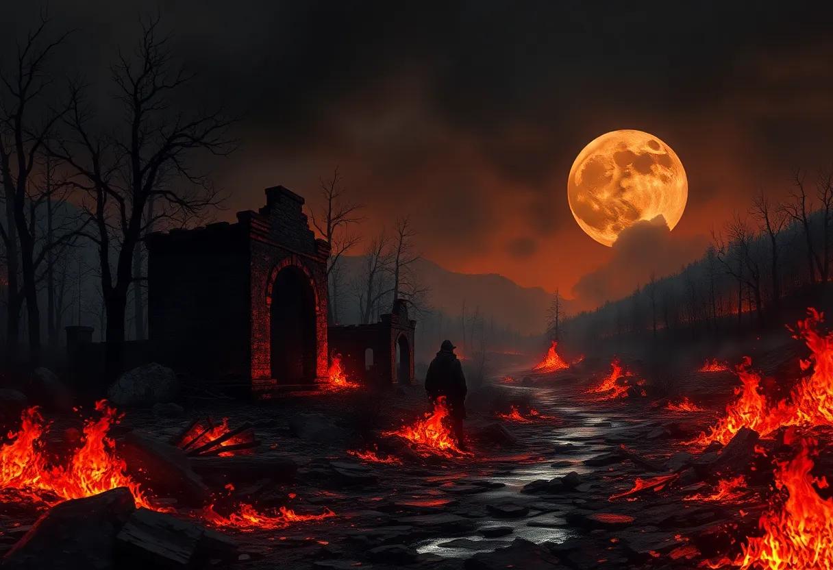The setting described as charred forests moonlit ruins and a town ringed by embers