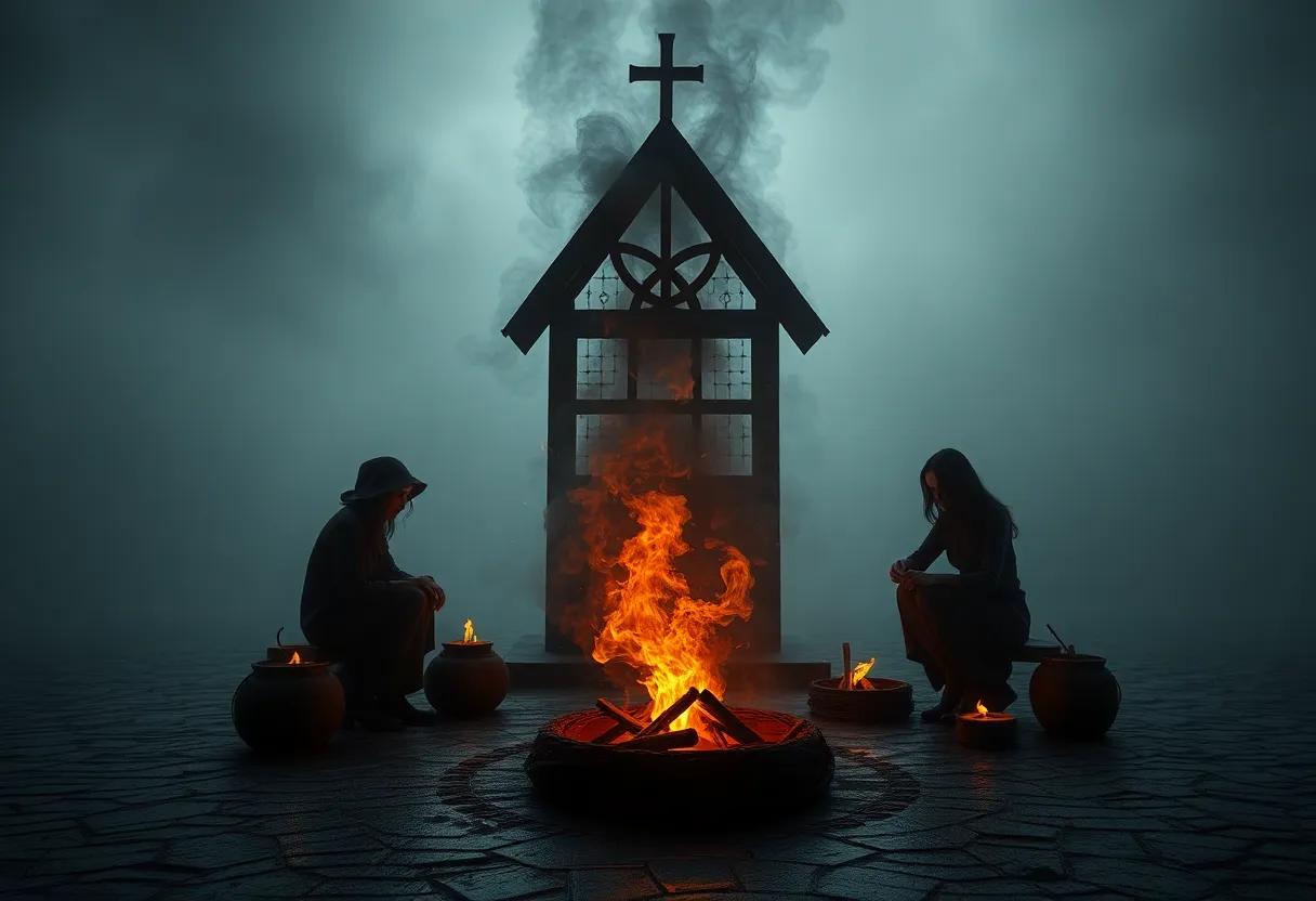 Witch coven gatherings painted with ​smoky hearths flickering embers and midnight rituals